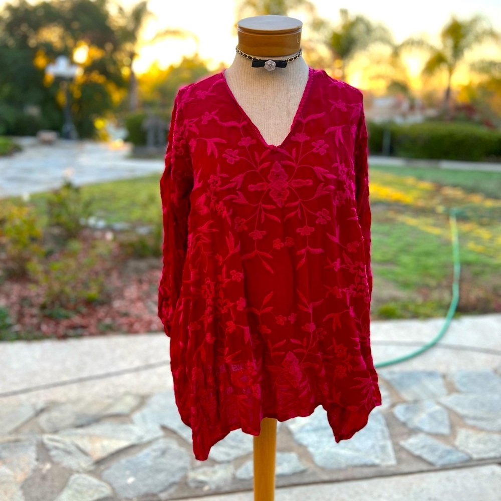 Johnny Was Red Pink floral embroidered blouse - Picture 2 of 12